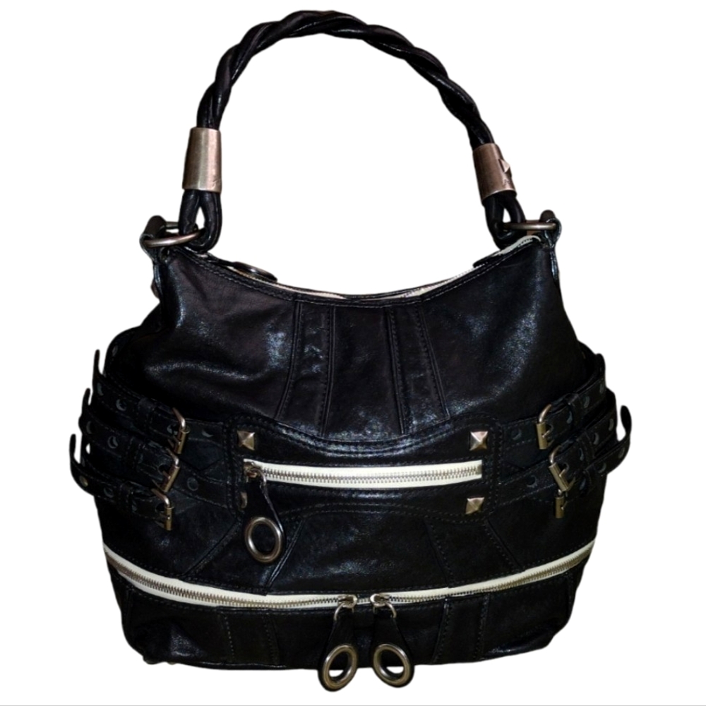 Rare Y2K XL Y2K Betsey Johnson Black Leather Studded "Strap Tease" Shoul…